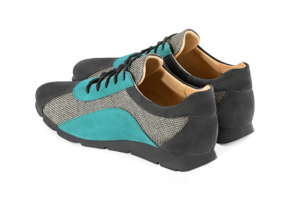 Dark grey and aquamarine blue women's three-tone elegant sneakers. Round toe. Flat rubber soles. Rear view - Florence KOOIJMAN